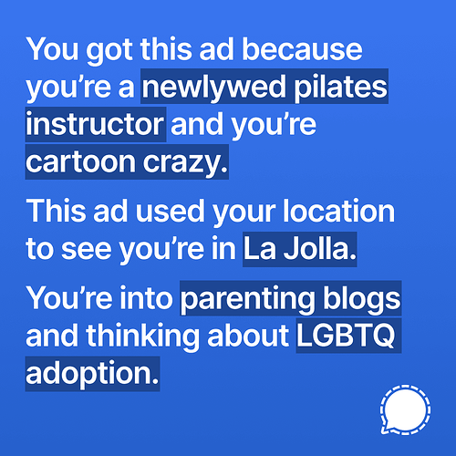You got this ad because you're a newlywed pilates instructor and you're cartoon crazy. This ad used your location to see you're in La Jolla. You're into parenting blogs and thinking about LGBTQ adoption.