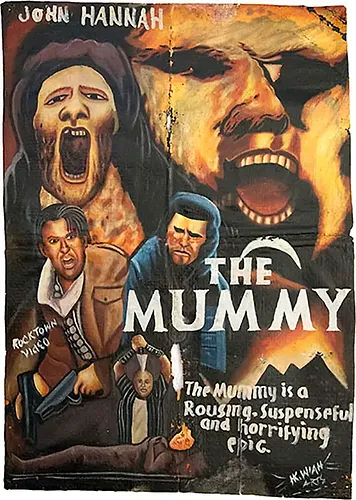 Vintage movie poster for "The Mummy" with dramatic figures, including a screaming face and armed individuals. Text reads: "The Mummy."