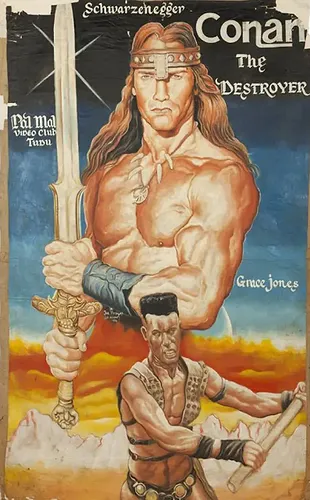 Illustrated movie poster for Conan the Destroyer. Muscular warrior with a sword, smaller figure below with a staff. Dramatic desert scene.
