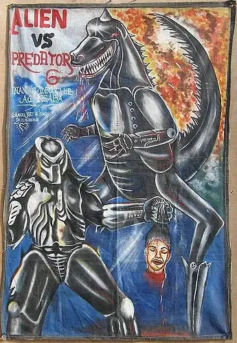Fierce battle poster depicting "Alien vs Predator" with a monstrous figure holding a decapitated head. Fiery background, vivid colors.