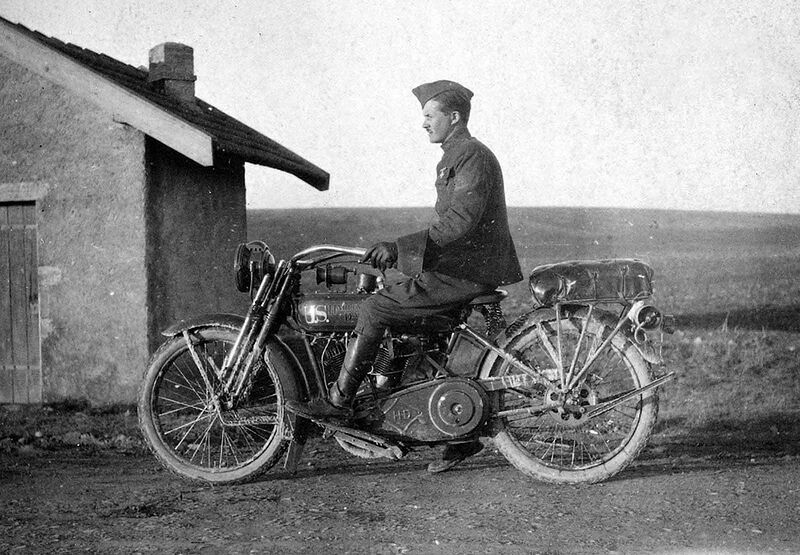 Soldier on a U.S. Harley-Davidson motorcycle, ca. 1918. During the last years of the war, the United States deployed more than 20,000 Indian and Harley-Davidson motorcycles overseas.
