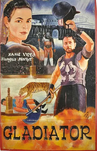 Painting of gladiators in armor, one holding a helmet, a tiger near a fallen man, Coliseum backdrop. Text: "Name Video, Nungua Market".