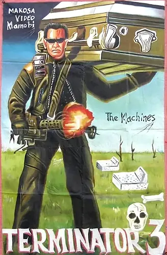 Man with sunglasses fires gun while carrying a large coffin. Background: grassy field, text "The Machines" and "TERMINATOR 3," skeletal imagery.
