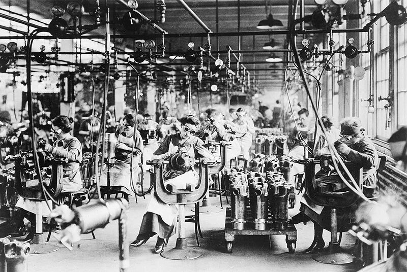 Women working in the welding Department of the Lincoln Motor Co., in Detroit, Michigan, ca. 1918.