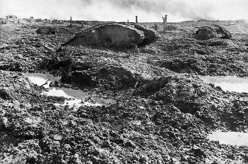 Derelict tanks lie strewn about a chaotic battlefield at Clapham Junction, Ypres, Belgium, ca. 1918.