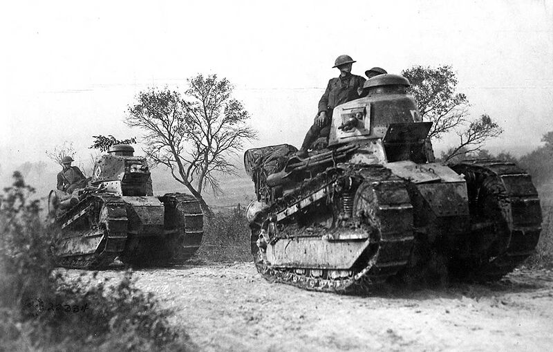 American troops aboard French-built Renault FT-17 tanks head for the front line in the Forest of Argonne, France, on September 26, 1918.