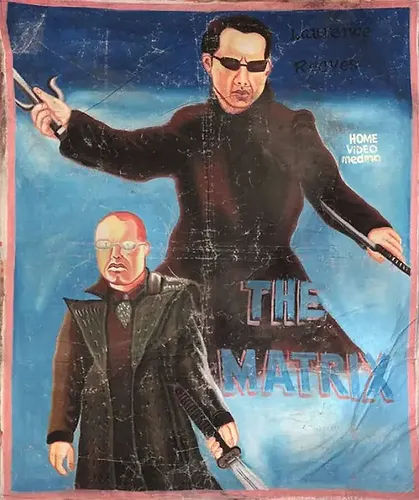 Hand-painted "The Matrix" poster with two men in sunglasses holding weapons. Background is blue; text includes "Laurence Reeves" and "Home Video Media."