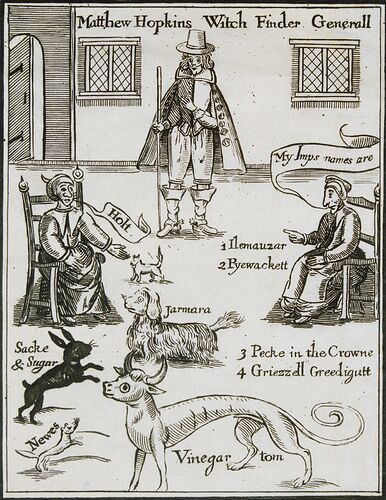 In the 17th century, infamous English "witch finder" Matthew Hopkins identified dozens of alleged witches and their animal familiars. Some of his methods were later employed during the Salem witch trials.