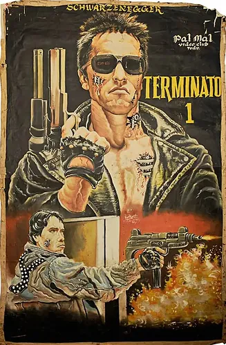 Man in sunglasses holding a gun, with a rugged look. Explosions and another figure firing a weapon. Text: "Terminator 1," "Schwarzenegger."