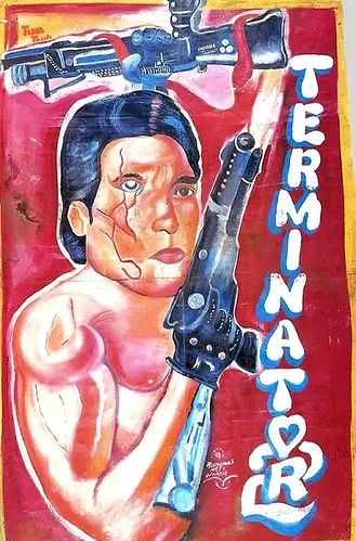 Muscular figure with a scarred face holds a gun, set against a red background. Blue and white text reads "TERMINATOR." Intense mood.