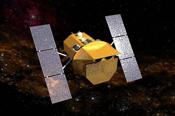 A digital graphic illustration of a copper yellow telescope vehicle with light grey panel wings, seen on a galaxy backdrop.