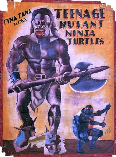 Poster depicting a muscular creature with a club and a ninja turtle with nunchucks. Text reads "Teenage Mutant Ninja Turtles." Retro style.