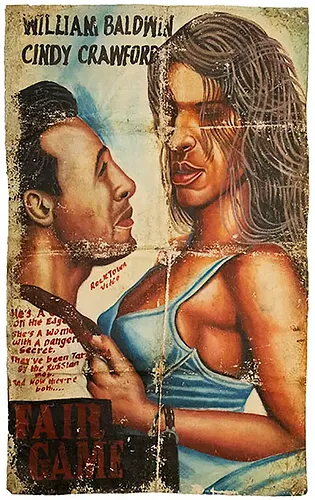 Vintage poster with two illustrated figures, intense expressions, text reading "WILLIAM BALDWIN, CINDY CRAWFORD, FAIR GAME," and worn texture.