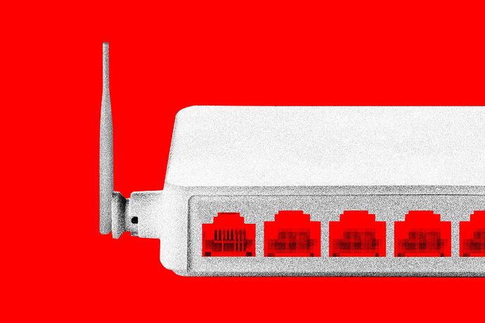 Photo illustration of an internet router with its ports becoming increasingly pixelated.