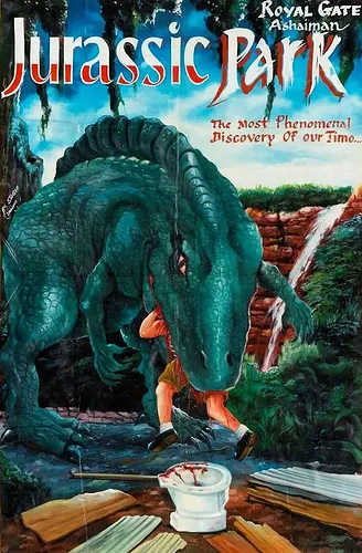 A green dinosaur attacks a person in a jungle setting. Blood drips from its mouth. Text reads "Jurassic Park," "Royal Gate," and "The Most Phenomenal Discovery of our Time...".