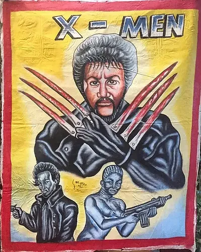 Painted poster featuring three figures; one with claws, another in a coat, holding a gun. "X-MEN" text on yellow background, bold colors.