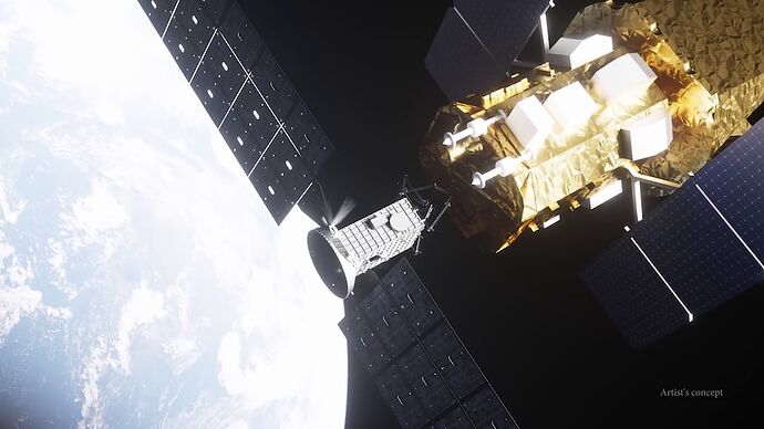Artist's impression of a satelite attached to a larger spacecraft above the earth.