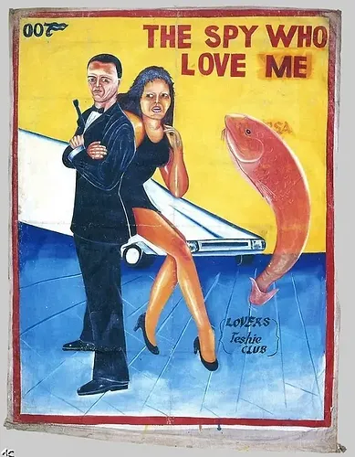 Man in suit and woman in black dress pose with a fish and a car against a yellow background. Text: "The Spy Who Love Me," "Lovers Teshie Club."