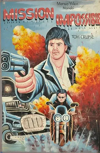 Retro-style "Mission Impossible" poster with a man holding a gun amid explosions, a car, and a biker. Bold colors and dramatic flair.