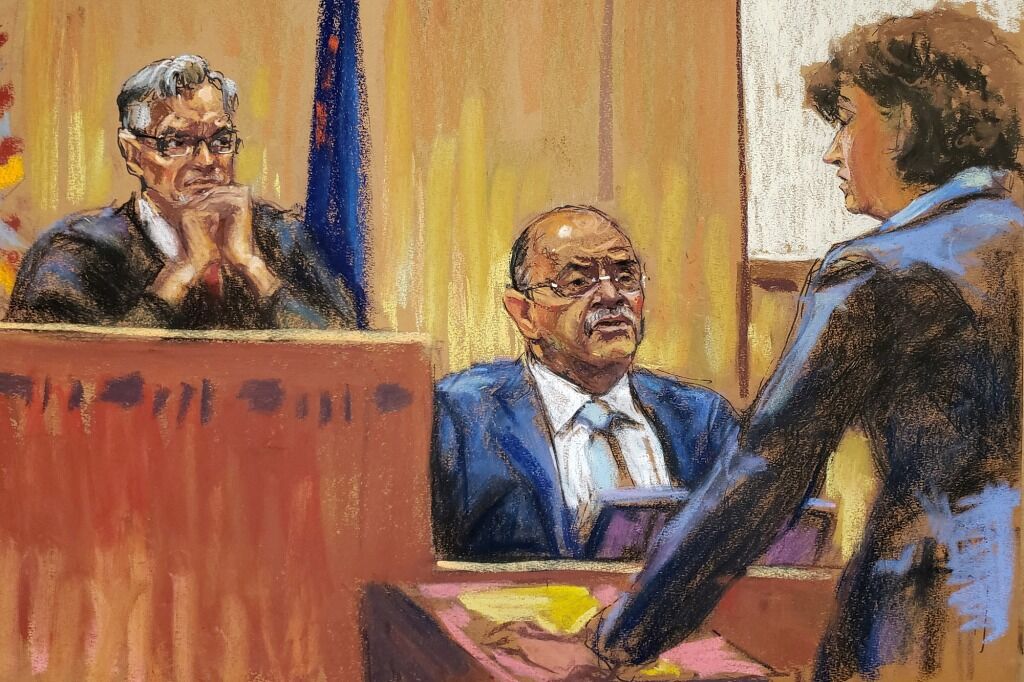 Court artist's drawing of Allen Weisselberg on the witness stand.