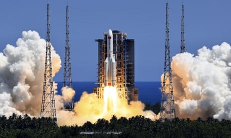 A Long March 5B Y3 carrier rocket, carrying a Wentian lab module, blasts off