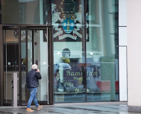 The Ramadan commemorations were put up to the right of the council's revolving doors, with the Easter ones on the left