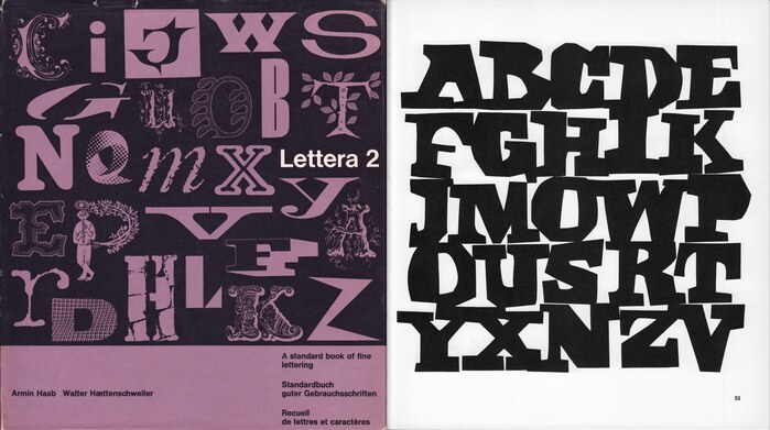 Book jacket for Lettera 2 (left), “a standard book of fine lettering” edited by and and published by in 1961. One of the included alphabets is Lettre coupé. The showing on page 53 (right) is caps only and omits the letter L.