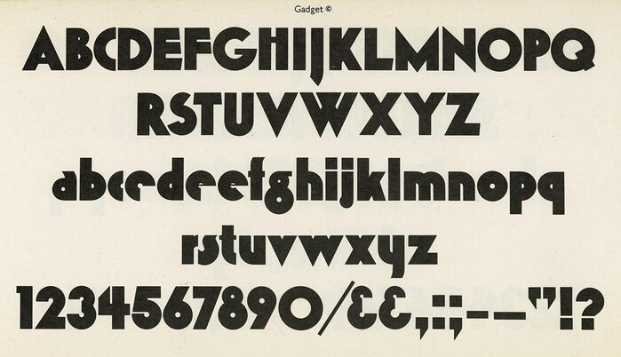 Glyph set for Gadget with alternate forms for c e &, from an undated catalog by Alphabet Photosetting.