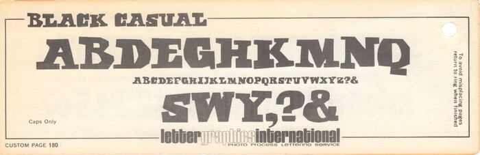 Californian phototype provider turned Haettenschweiler’s lettering into a proper typeface. Their adaptation called Black Casual can here be seen in a catalog dated 1969. It adds the missing L alongside some punctuation glyphs (comma, question mark, ampersand) and also introduces counters in A B and P.