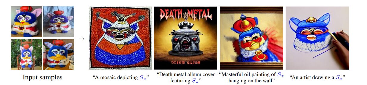 A screenshot from a research paper showing how an image-generating AI can create images of a Furby in different styles, including mosaic, oil painting, and death metal album cover.