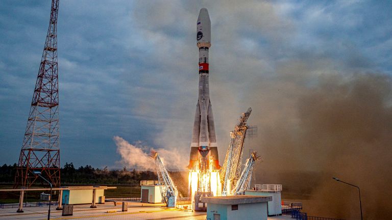 In this image made from video released by Roscosmos State Space Corporation, the Soyuz-2.1b rocket with the moon lander Luna-25 automatic station takes off from a launch pad at the Vostochny Cosmodrome in the Russian Far East on Friday, Aug. 11, 2023. The launch of the Luna-25 craft to the moon will be Russias first since 1976 when it was part of the Soviet Union. The Russian lunar lander is expected to reach the moon on Aug. 23, about the same day as an Indian craft which was launched on July 14. (Roscosmos State Space Corporation via AP)