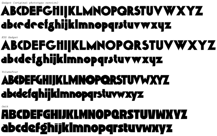 A comparison of the original with related digital fonts, namely: K22 Gadget, , and . The latter two examples were based specifically on the cover of Vol 4, presumably without using a full alphabet of the original Gadget as a reference.