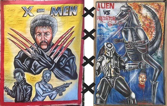 Colorful painted posters; left shows "X-Men" with figures and claws, right features "Alien vs Predator" characters; vivid, dynamic art.