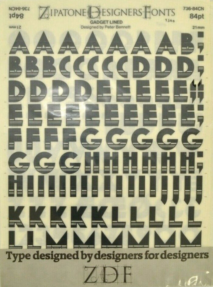 The striped variant, Gadget Lined, was also produced by competitor for dry transfer lettering. This sheet from their Zipatone Designers Fonts (ZDF) range has caps in 84pt. Thanks to this adaptation, we know that Gadget is the design of .