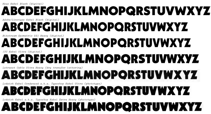 A comparison of the heaviest interpretations of Kabel as offered variously in phototype, dry transfer lettering, and digital type. Samples scaled to approximately matching cap heights.